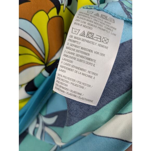 Susan Graver 3/4 length tie sleeve liquid knit shirt blue green geometric - Picture 6 of 6